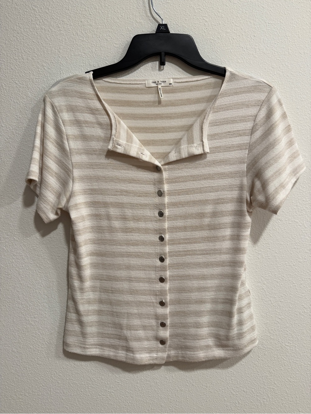rag & bone Cream and Beige Striped Button-Front Short Sleeve Top